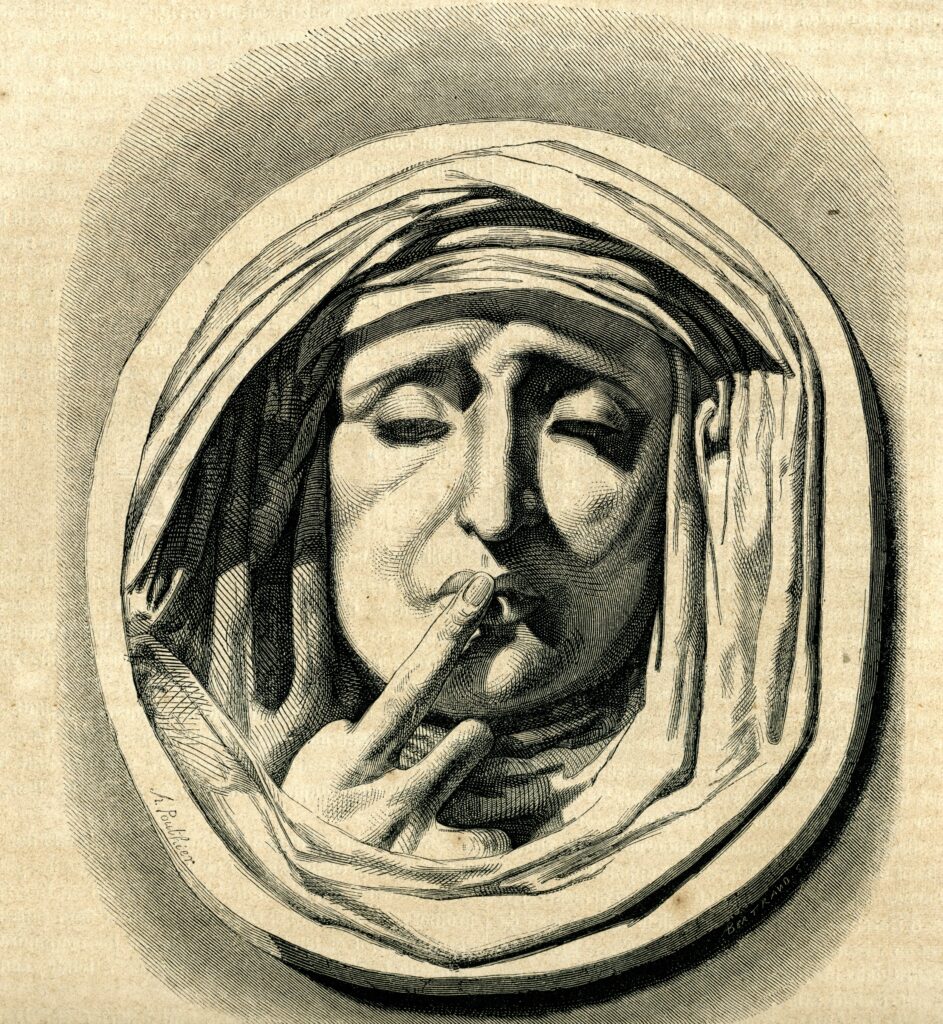 Photo: Monument in Pere LaChaise Cemetery Paris. From "Le Magasin Pittoresque", 1861 Le Magasin Pittoresque. Source: WikiCommons: https://commons.wikimedia.org/wiki/File:Silence_(7171406043).jpg