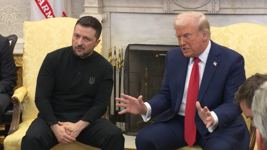 "President Trump clashes with Ukrainian President Zelenskyy Meeting in the Oval Office on Feb. 28, 2025." Source: The White House: https://www.youtube.com/watch?v=cmgHM7oxVIw. From Wikimedia Commons: https://commons.wikimedia.org/wiki/File:President_Trump_Clashes_With_Ukrainian_President_Zelenskyy_During_Meeting_in_Oval_Office,_Feb._28,_2025_(2).jpg