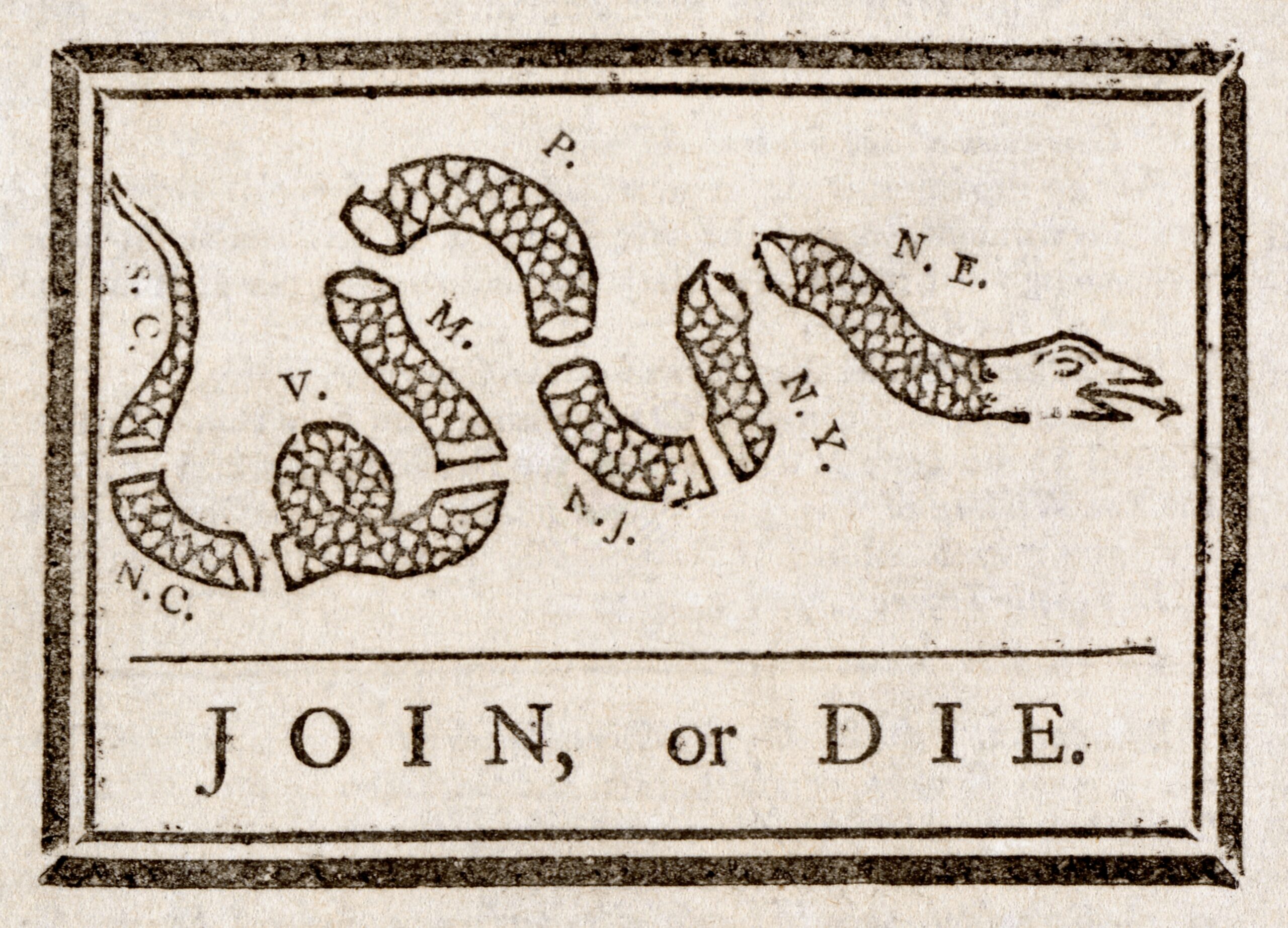 Photo: Join, or Die., a 1754 political cartoon by Benjamin Franklin published in The Pennsylvania Gazette in Philadelphia, addresses the disunity of the Thirteen Colonies during the French and Indian War; several decades later, the cartoon resurfaced as one of the most iconic symbols in support of the American Revolution. Source: United States Library of Congress's Prints and Photographs division. https://en.wikipedia.org/wiki/File:Benjamin_Franklin_-_Join_or_Die.jpg